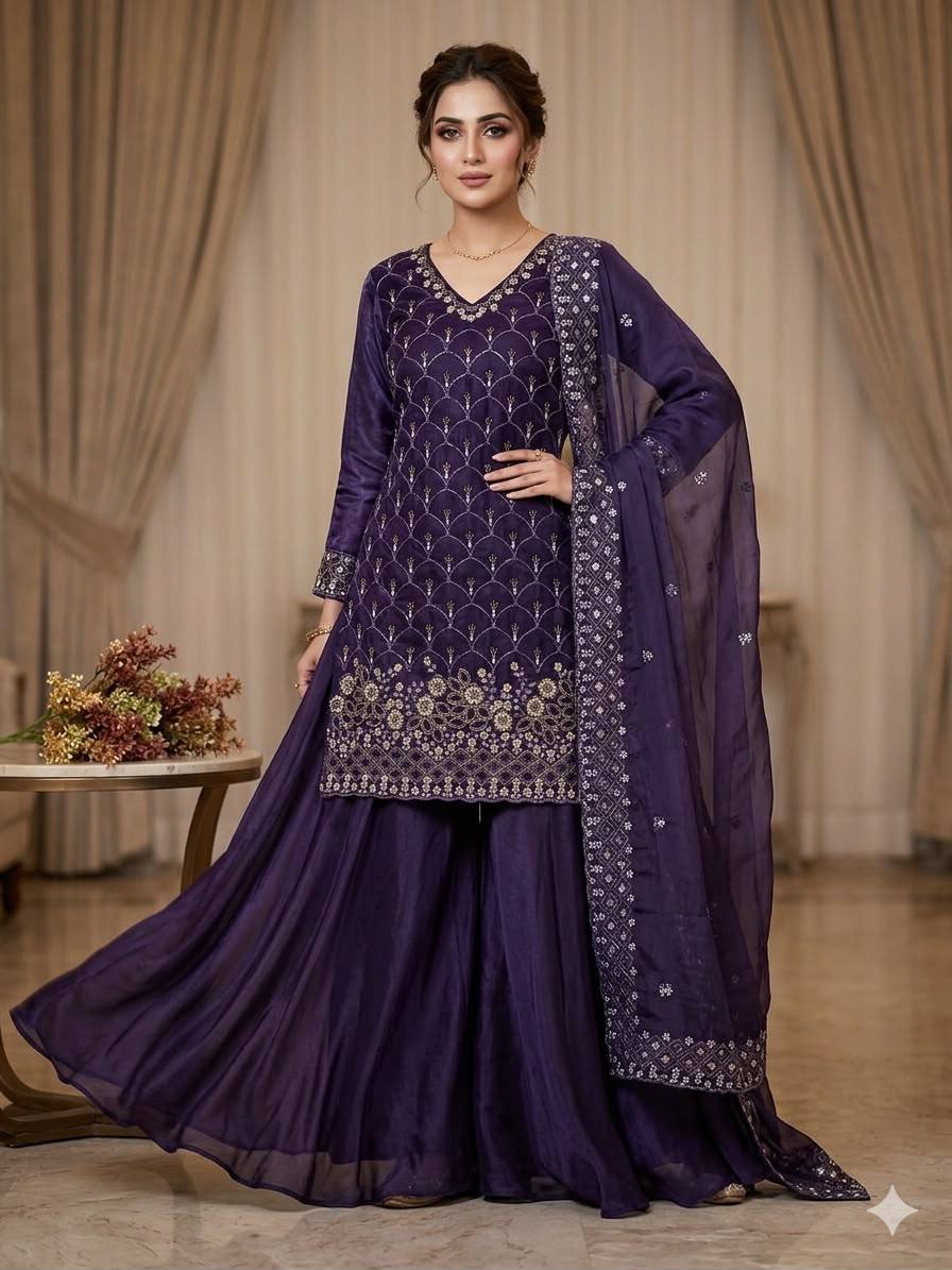 Women's Fendy Georgette Beads & Sequence Embroidered Kurti with Full Flair Palazzo & Cut-Work Dupatta Set (5 Colors)