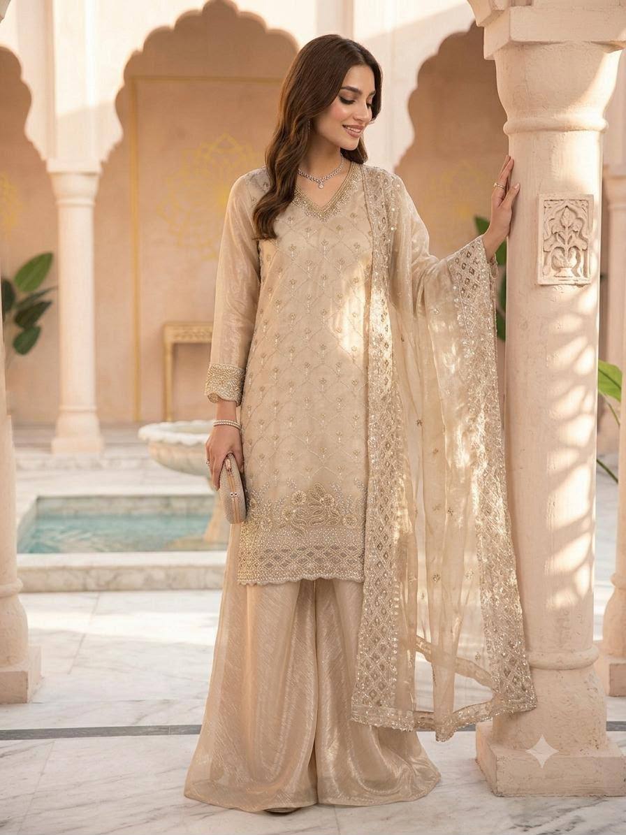 Women's Fendy Georgette Beads & Sequence Embroidered Kurti with Full Flair Palazzo & Cut-Work Dupatta Set (5 Colors)