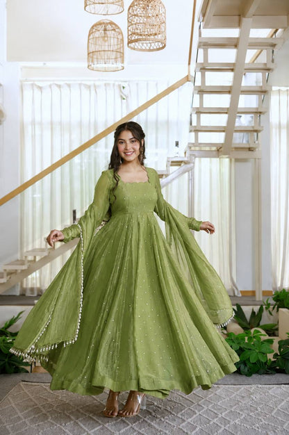 Salsa Silk Foil Work Anarkali Suit Set with Micro Cotton Pant & Dupatta