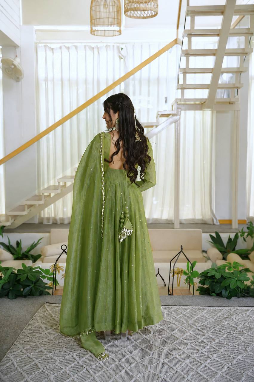Salsa Silk Foil Work Anarkali Suit Set with Micro Cotton Pant & Dupatta