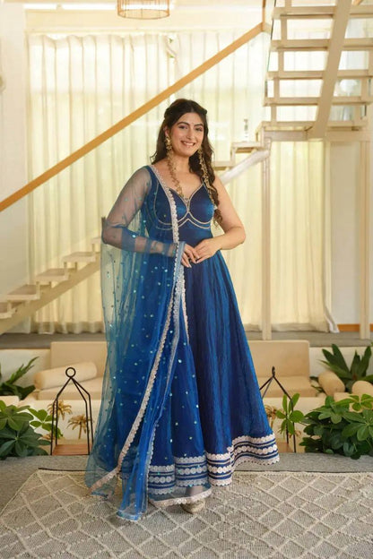 Designer Royal Blue Fendy Silk Padded Gown Set with Lace Details
