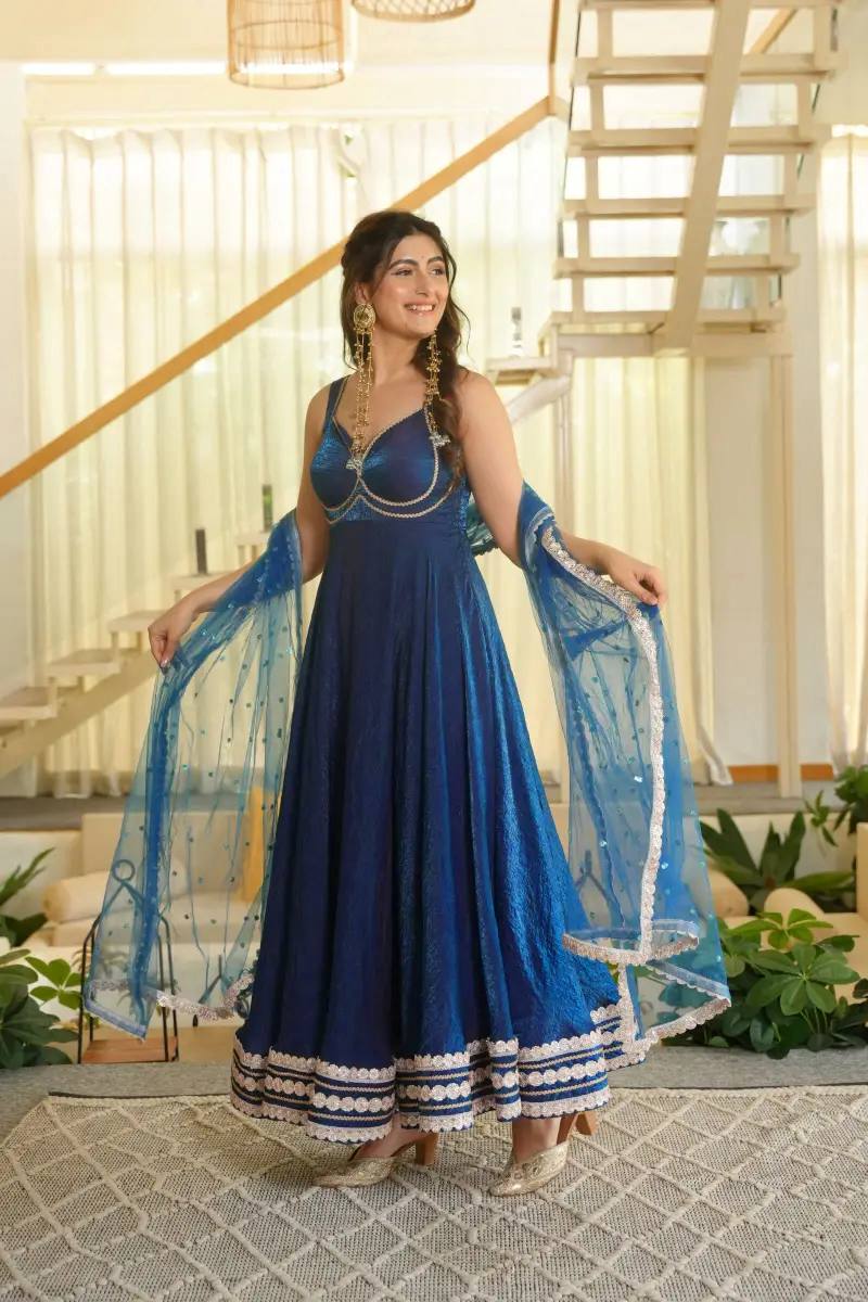 Designer Royal Blue Fendy Silk Padded Gown Set with Lace Details
