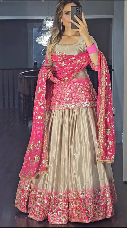 Digital Print Pure Chinon Lehenga Choli with Long Top & Sequence Dupatta