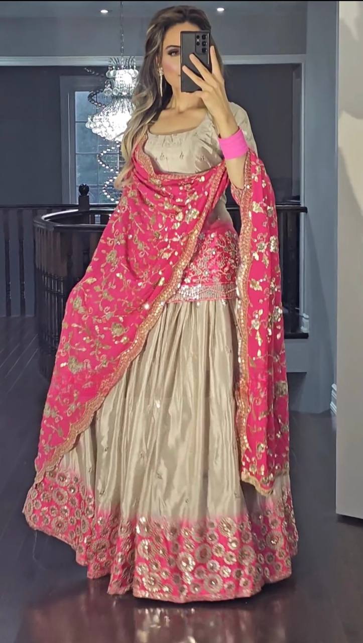 Digital Print Pure Chinon Lehenga Choli with Long Top & Sequence Dupatta