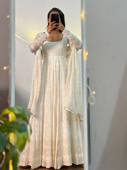 Heavy Slim Georgette Padded Anarkali Suit with Full Sleeves, Pant & Dupatta