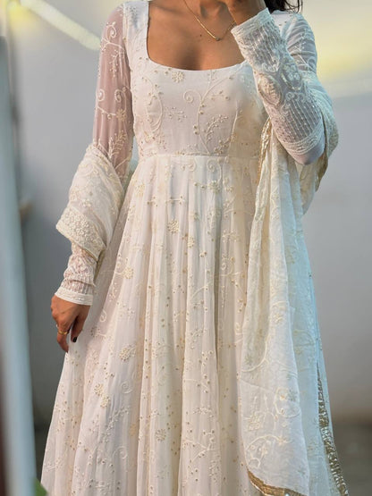 Heavy Slim Georgette Padded Anarkali Suit with Full Sleeves, Pant & Dupatta