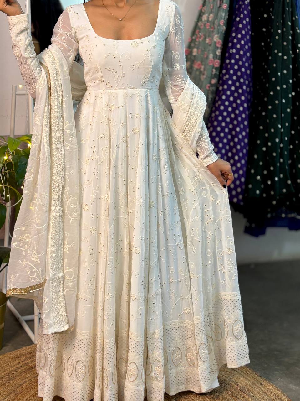 Heavy Slim Georgette Padded Anarkali Suit with Full Sleeves, Pant & Dupatta