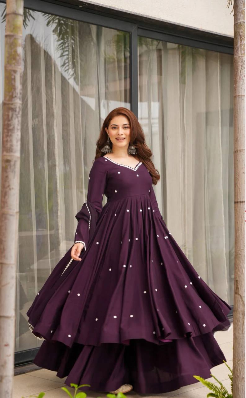 Heavy Roman Silk Flared Padded Anarkali Suit with Palazzo & Embroidered Dupatta