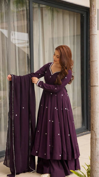 Heavy Roman Silk Flared Padded Anarkali Suit with Palazzo & Embroidered Dupatta