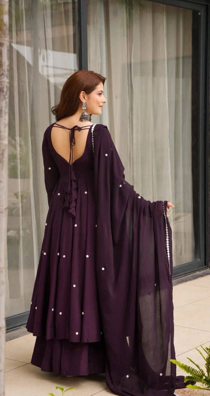 Heavy Roman Silk Flared Padded Anarkali Suit with Palazzo & Embroidered Dupatta