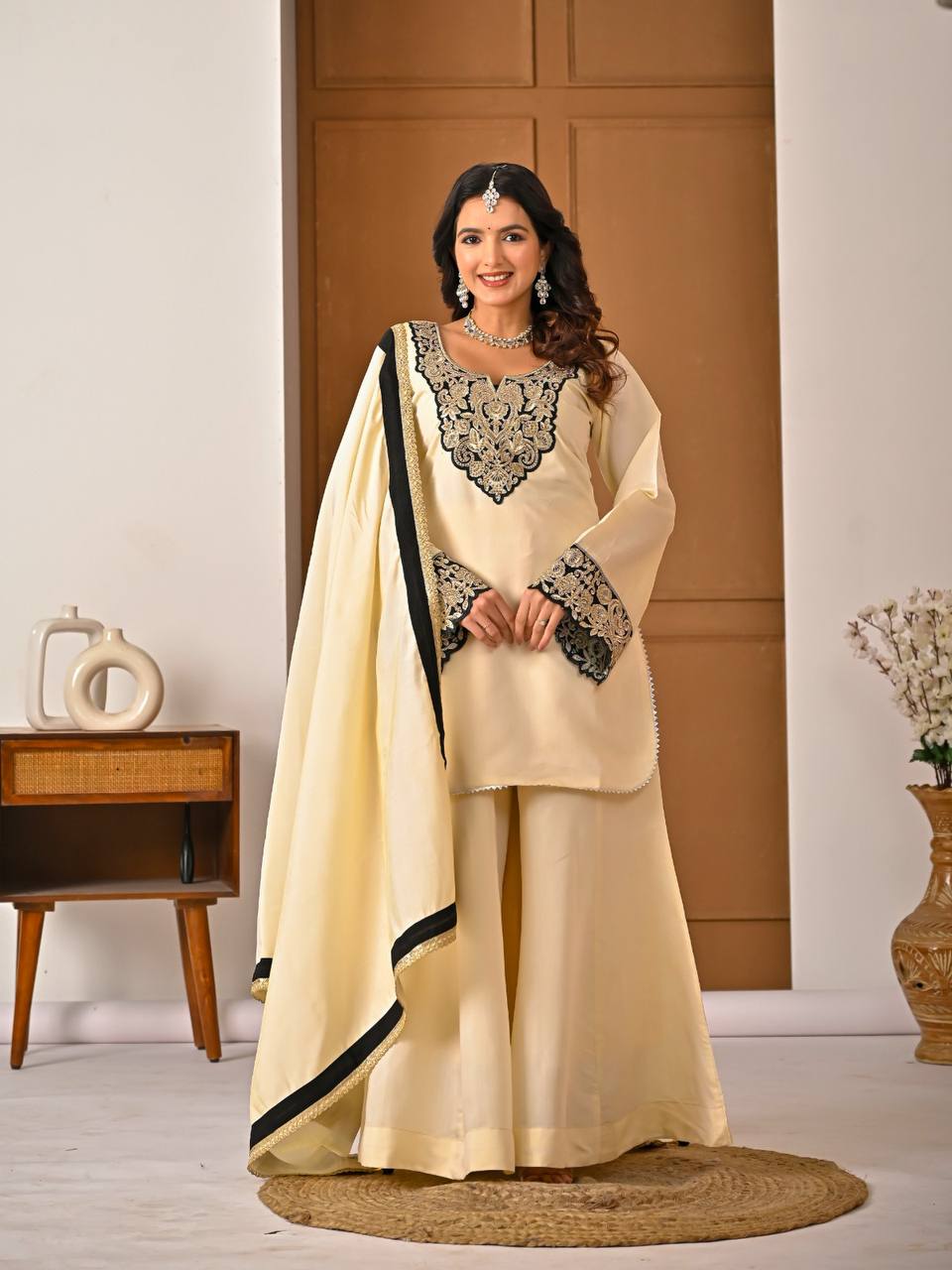 Heavy Roman Silk Kurti Sharara Set with Neck Embroidery, Diamond Accent & Dupatta