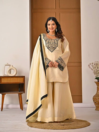 Heavy Roman Silk Kurti Sharara Set with Neck Embroidery, Diamond Accent & Dupatta