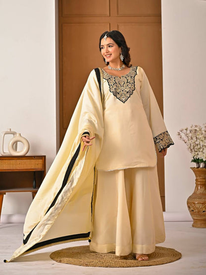 Heavy Roman Silk Kurti Sharara Set with Neck Embroidery, Diamond Accent & Dupatta