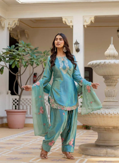 Heavy Japan Satin Floral Embroidered Kurti Set with Farshi Salwar & Tabby Organza Dupatta