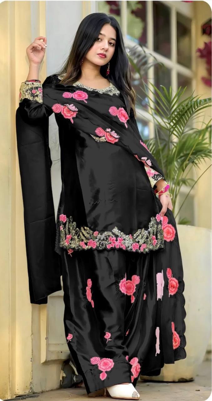 Heavy Japan Satin Floral Embroidered Kurti Set with Farshi Salwar & Tabby Organza Dupatta