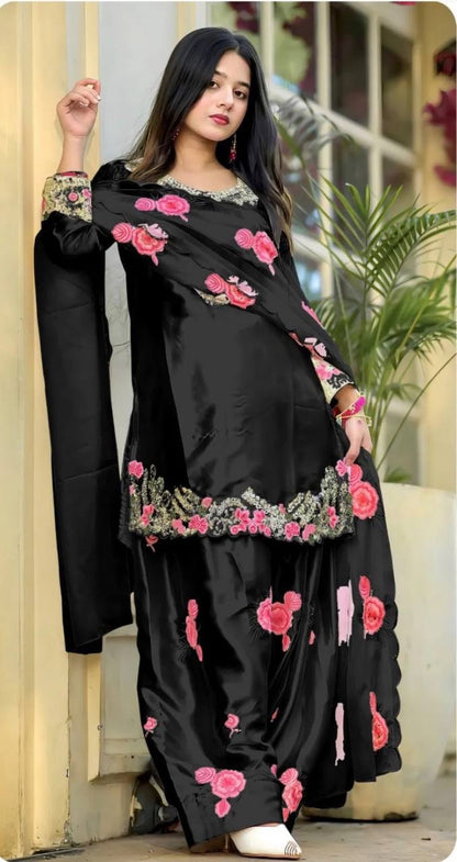 Heavy Japan Satin Floral Embroidered Kurti Set with Farshi Salwar & Tabby Organza Dupatta