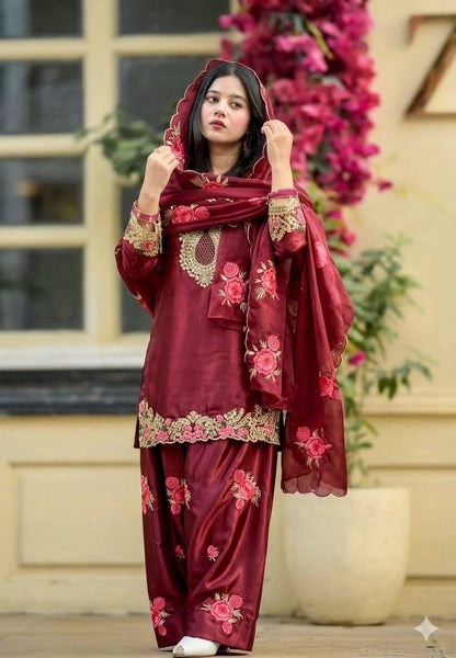 Heavy Japan Satin Floral Embroidered Kurti Set with Farshi Salwar & Tabby Organza Dupatta