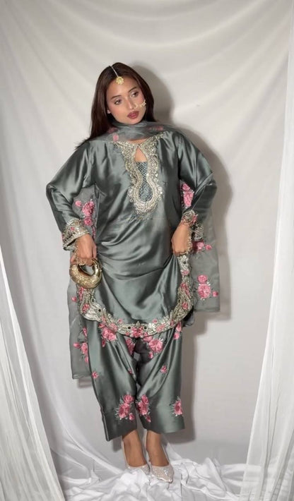 Heavy Japan Satin Floral Embroidered Kurti Set with Farshi Salwar & Tabby Organza Dupatta