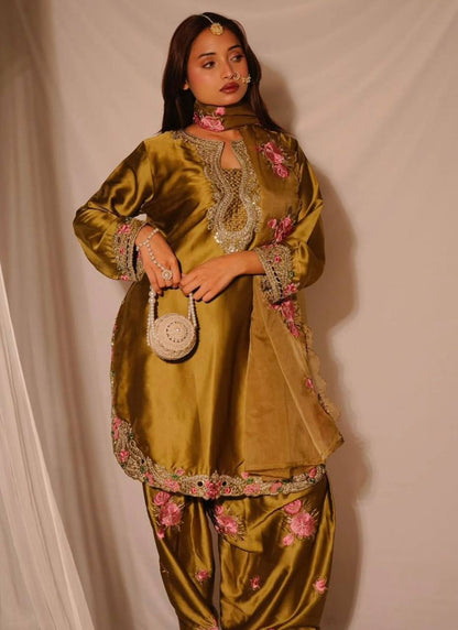 Heavy Japan Satin Floral Embroidered Kurti Set with Farshi Salwar & Tabby Organza Dupatta
