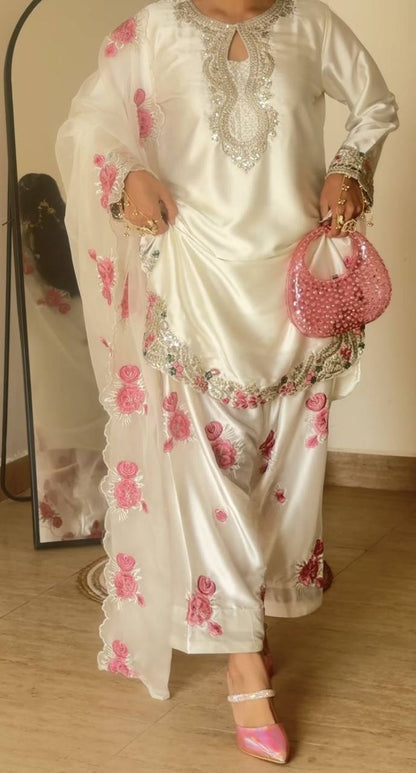 Heavy Japan Satin Floral Embroidered Kurti Set with Farshi Salwar & Tabby Organza Dupatta