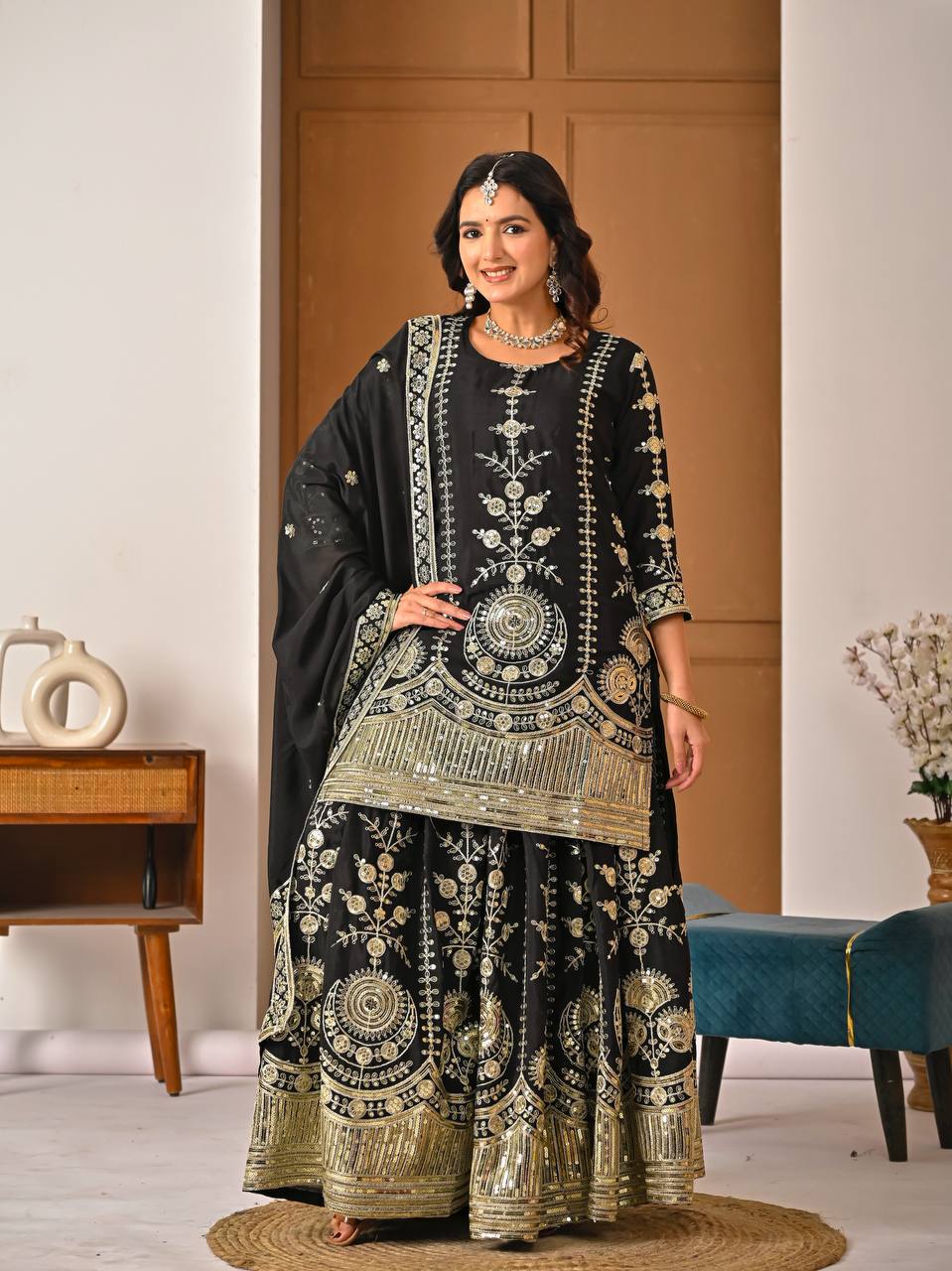 Heavy Vichitra Silk Black & Gold Embroidered Kurti Sharara Set with Sequence Work