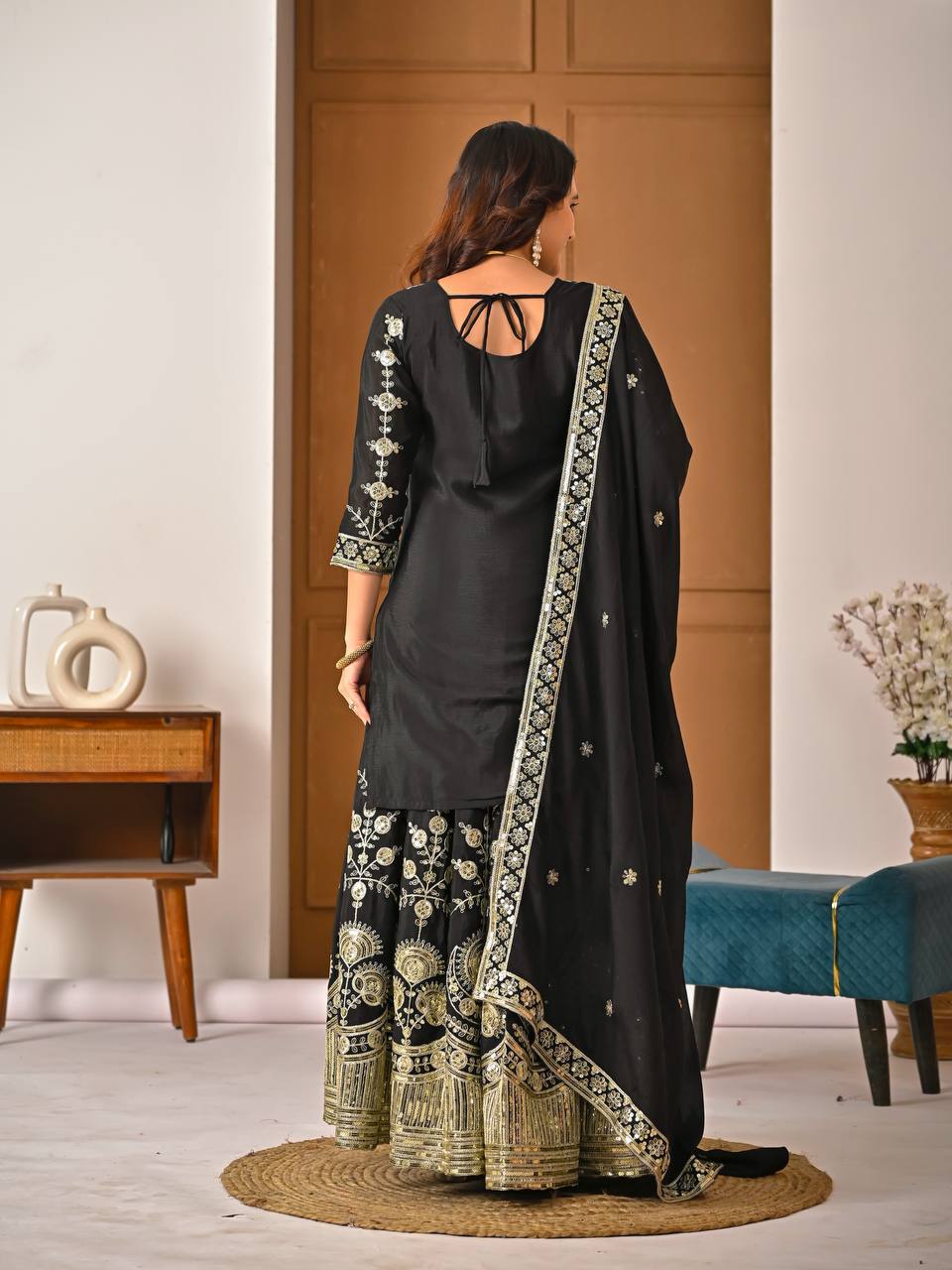 Heavy Vichitra Silk Black & Gold Embroidered Kurti Sharara Set with Sequence Work