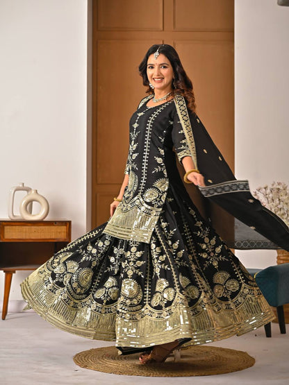 Heavy Vichitra Silk Black & Gold Embroidered Kurti Sharara Set with Sequence Work