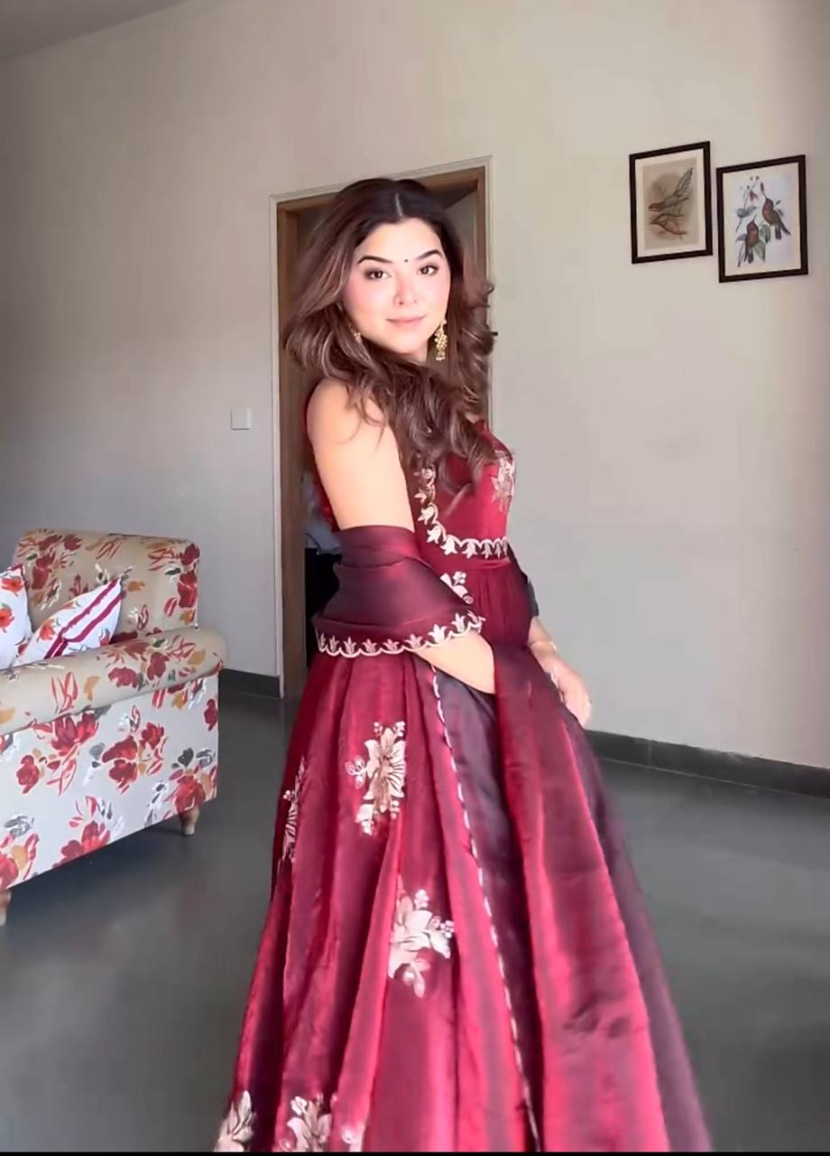 Heavy Fendy Silk Wine Red Embroidered Anarkali Suit Set with Micro Cotton Pant