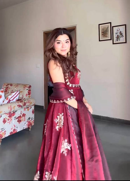 Heavy Fendy Silk Wine Red Embroidered Anarkali Suit Set with Micro Cotton Pant