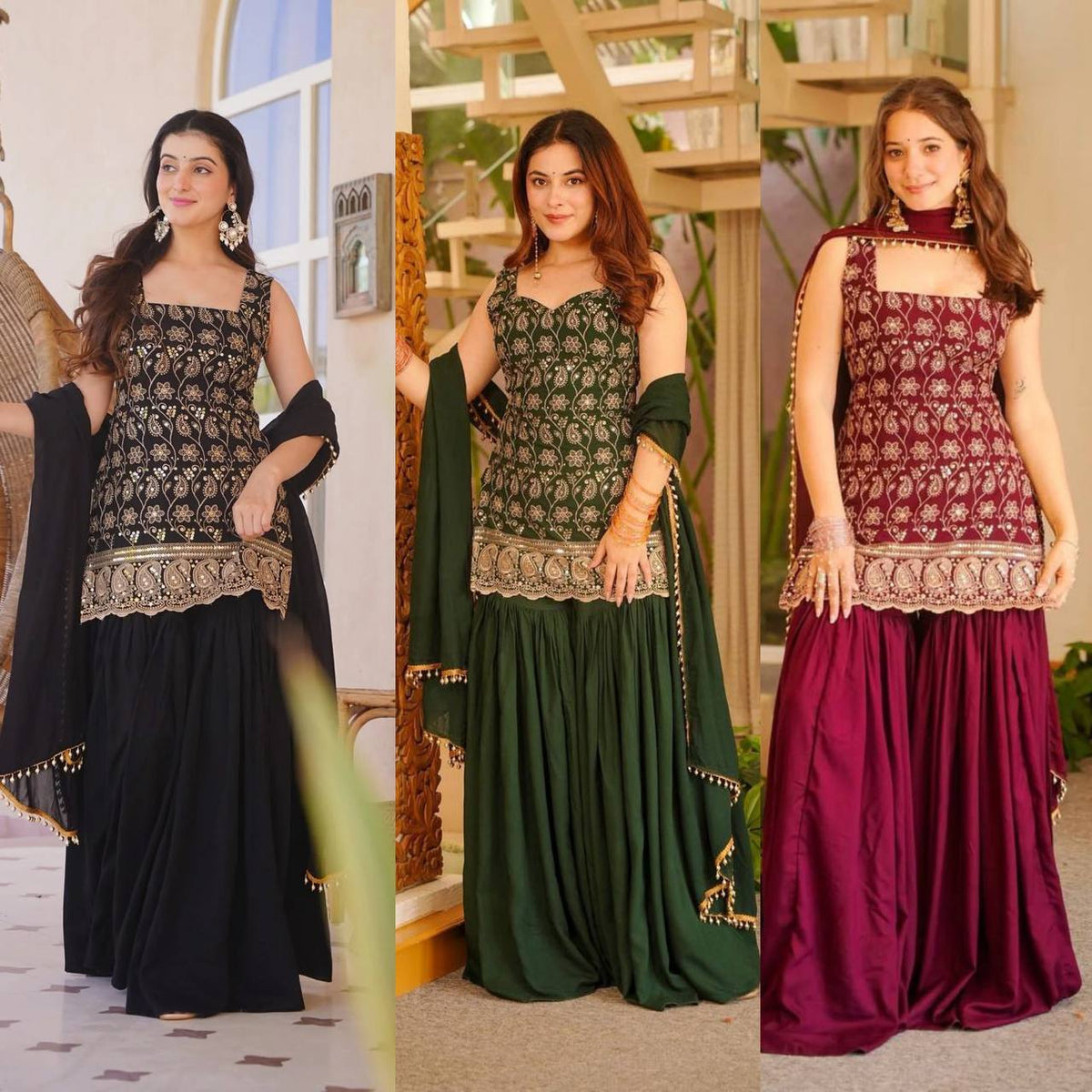 Heavy Georgette Sleeveless Kurti Sharara Set with Heavy Sequence Embroidery (3 Colors)