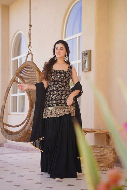 Heavy Georgette Sleeveless Kurti Sharara Set with Heavy Sequence Embroidery (3 Colors)
