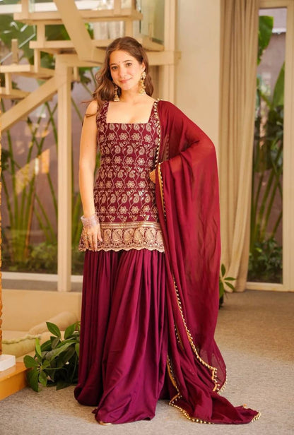Heavy Georgette Sleeveless Kurti Sharara Set with Heavy Sequence Embroidery (3 Colors)