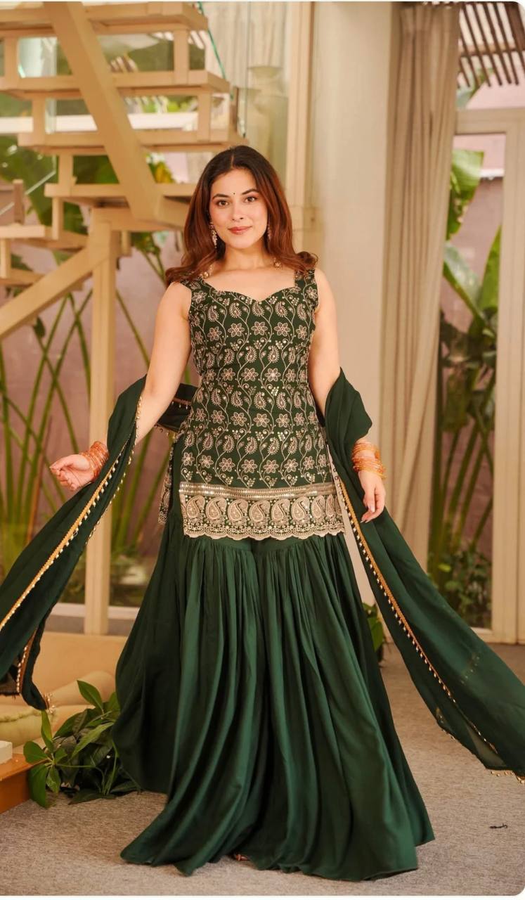 Heavy Georgette Sleeveless Kurti Sharara Set with Heavy Sequence Embroidery (3 Colors)