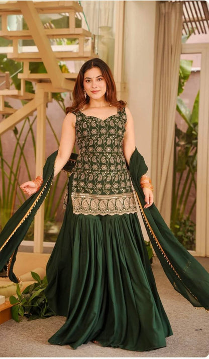 Heavy Georgette Sleeveless Kurti Sharara Set with Heavy Sequence Embroidery (3 Colors)