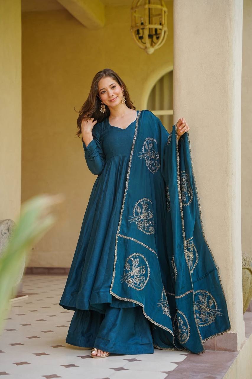 Heavy Vichitra Silk Solid Anarkali Gown Set with Embroidered Motif Dupatta & Palazzo
