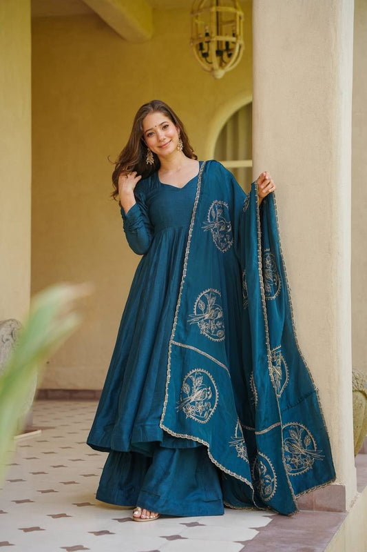 Heavy Vichitra Silk Solid Anarkali Gown Set with Embroidered Motif Dupatta & Palazzo