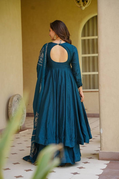Heavy Vichitra Silk Solid Anarkali Gown Set with Embroidered Motif Dupatta & Palazzo