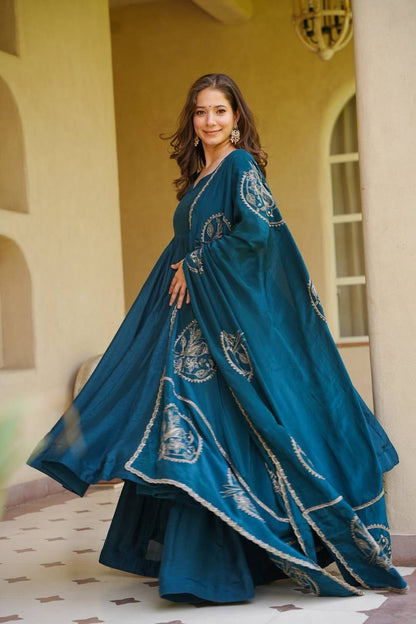 Heavy Vichitra Silk Solid Anarkali Gown Set with Embroidered Motif Dupatta & Palazzo