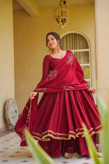 Heavy Roman Silk Flared Maroon Anarkali Gown Set with Fancy Lace & Chanderi Dupatta
