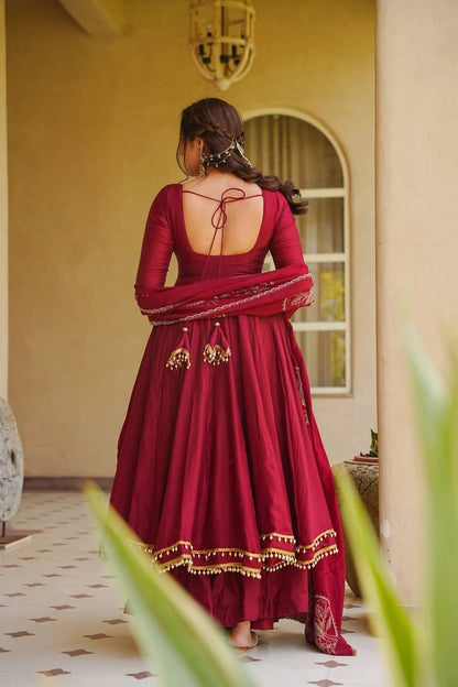 Heavy Roman Silk Flared Maroon Anarkali Gown Set with Fancy Lace & Chanderi Dupatta