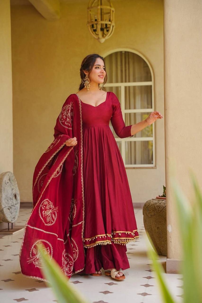 Heavy Roman Silk Flared Maroon Anarkali Gown Set with Fancy Lace & Chanderi Dupatta