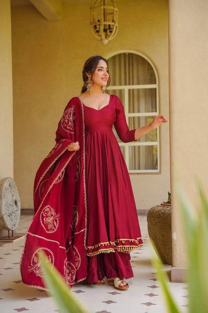 Heavy Roman Silk Flared Maroon Anarkali Gown Set with Fancy Lace & Chanderi Dupatta