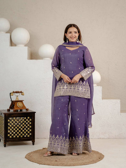 Lavender Purple Designer Crunchy Silk Kurti Palazzo Set with Lace Border Dupatta