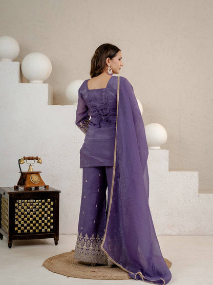 Lavender Purple Designer Crunchy Silk Kurti Palazzo Set with Lace Border Dupatta