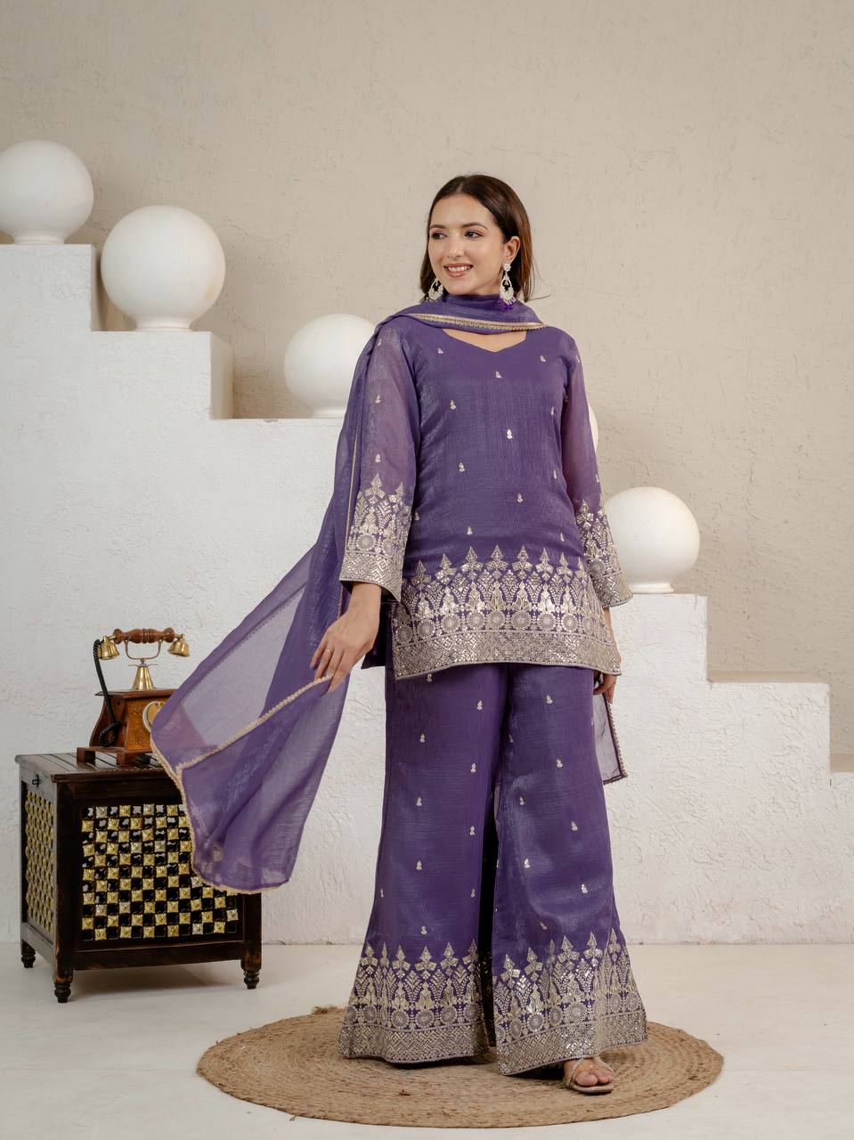 Lavender Purple Designer Crunchy Silk Kurti Palazzo Set with Lace Border Dupatta