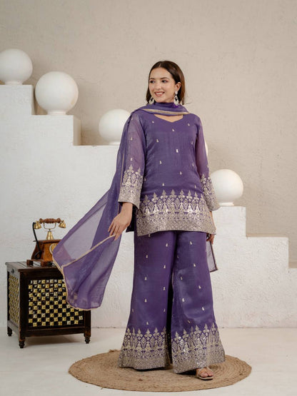 Lavender Purple Designer Crunchy Silk Kurti Palazzo Set with Lace Border Dupatta