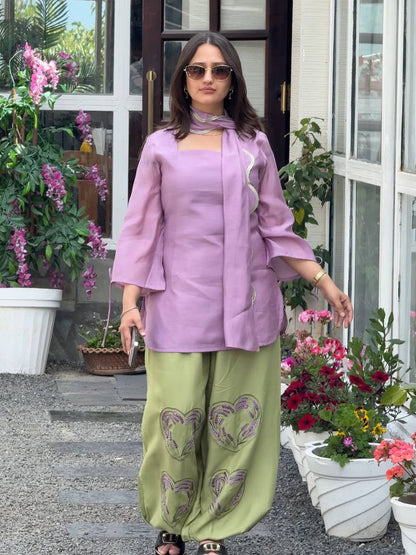 Lilac Mal Chanderi Short Tunic Kurti Set with Green Heart Embroidered Balloon Pants