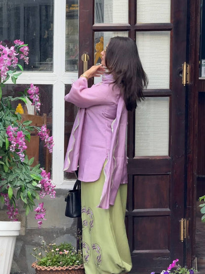 Lilac Mal Chanderi Short Tunic Kurti Set with Green Heart Embroidered Balloon Pants
