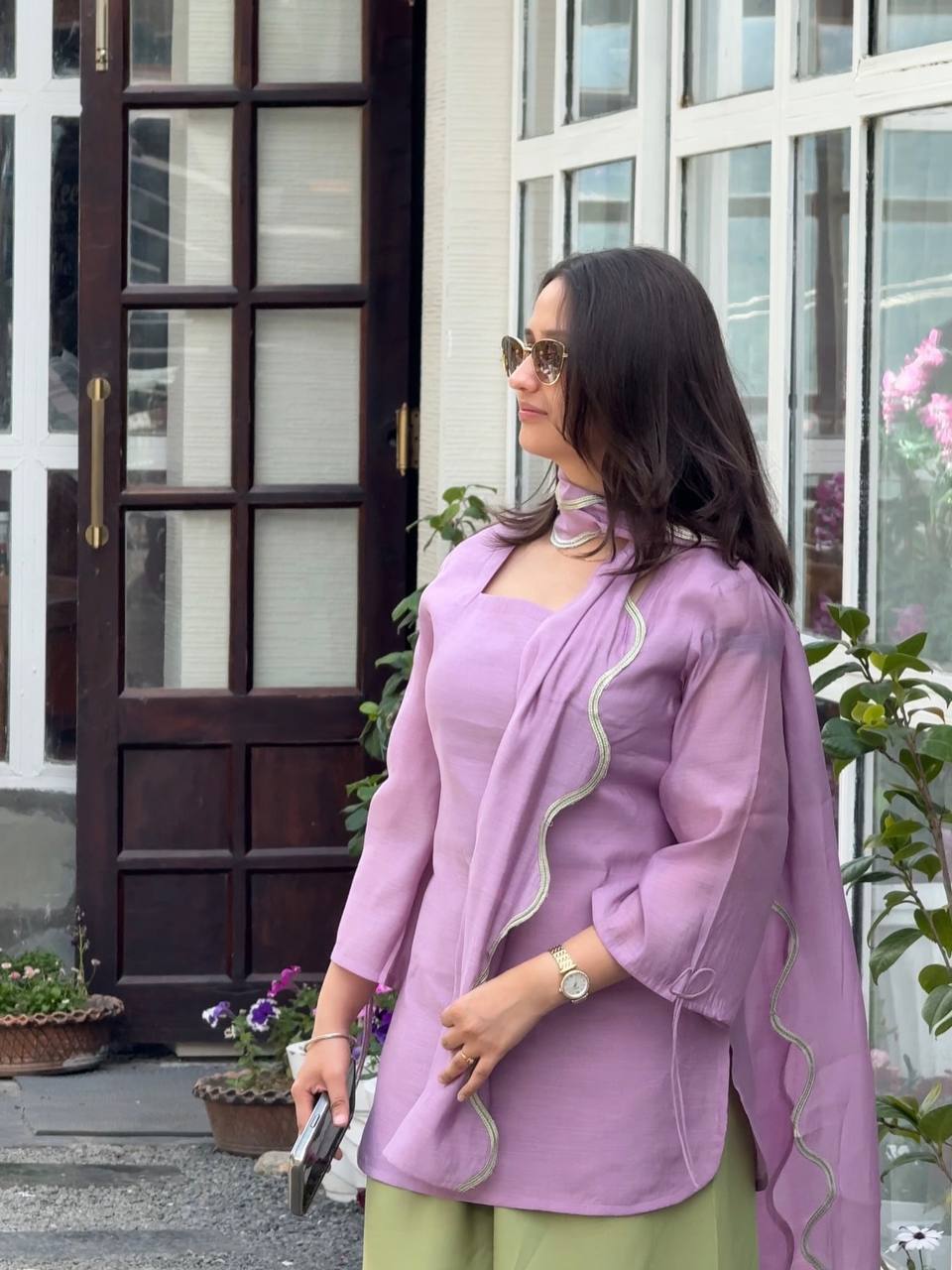 Lilac Mal Chanderi Short Tunic Kurti Set with Green Heart Embroidered Balloon Pants
