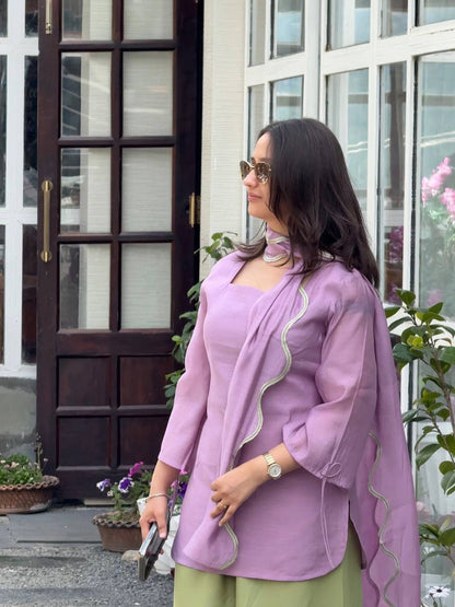 Lilac Mal Chanderi Short Tunic Kurti Set with Green Heart Embroidered Balloon Pants